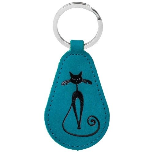 Kožený přívěsek na klíče kruh - Turquoise - Black Fabulous Cat