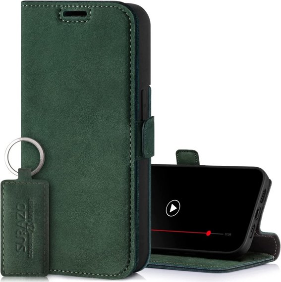 Pouzdro na telefon z pravé kůže Premium RFID - Nubuk tmavě zelený - TPU Černá 