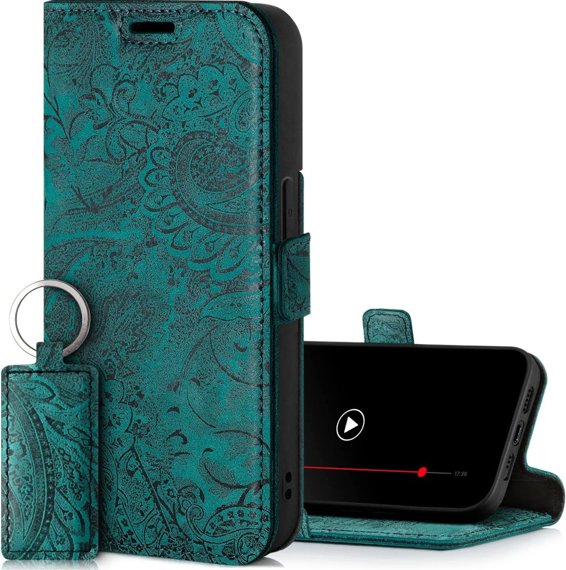 Pouzdro na telefon z pravé kůže Premium RFID - Ornament Tyrkysový - TPU Černá 