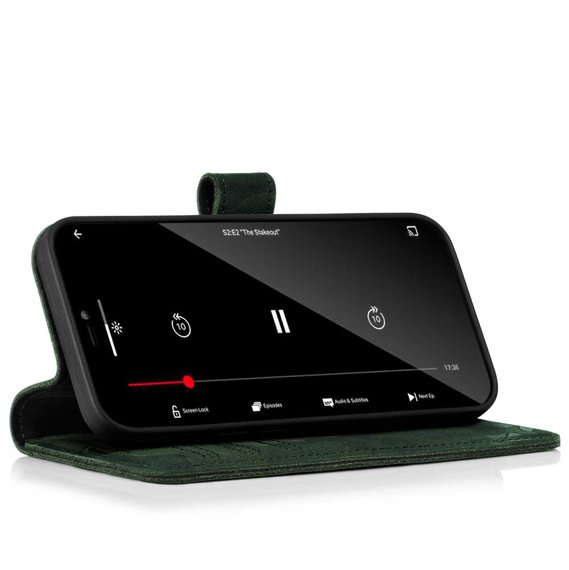 Pouzdro na telefon z pravé kůže Premium RFID - Vojenská kamufláž tmavě zelená - TPU Černá 