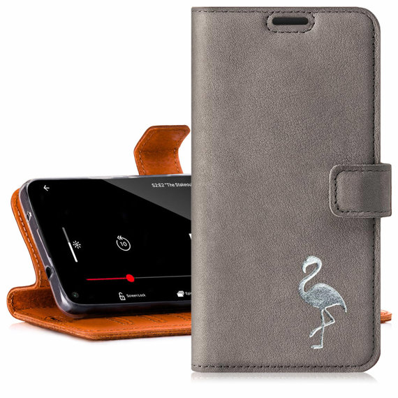 Wallet case - Nubuck Gray - Silver Flamingo - Transparentní TPU